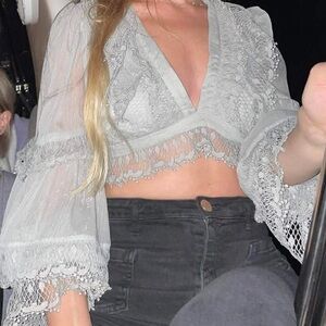 Chic Gray Lace Blouse and skirt set